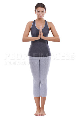 Buy stock photo Namaste, meditation and portrait of woman with hands in prayer or practice of yoga in white background. Studio, mock up and calm person with spiritual exercise in mindfulness for wellness and health