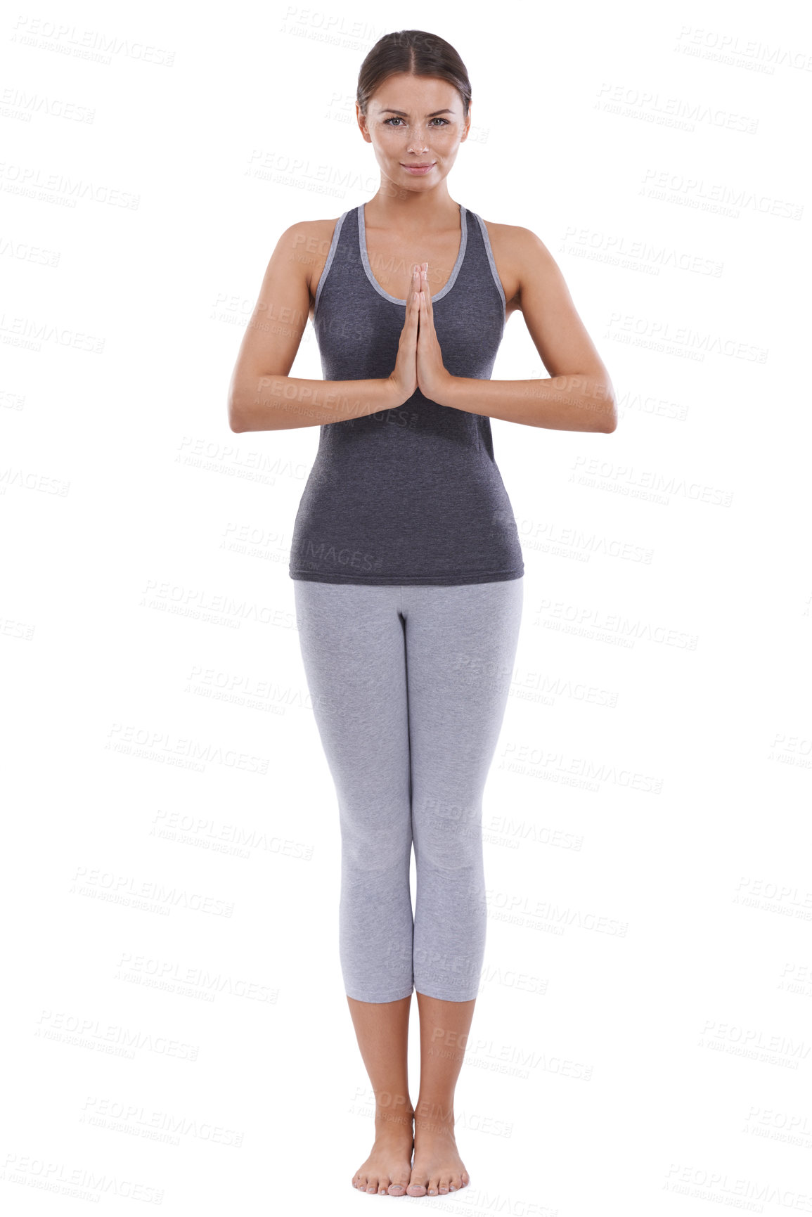 Buy stock photo Namaste, meditation and portrait of woman with hands in prayer or practice of yoga in white background. Studio, mock up and calm person with spiritual exercise in mindfulness for wellness and health