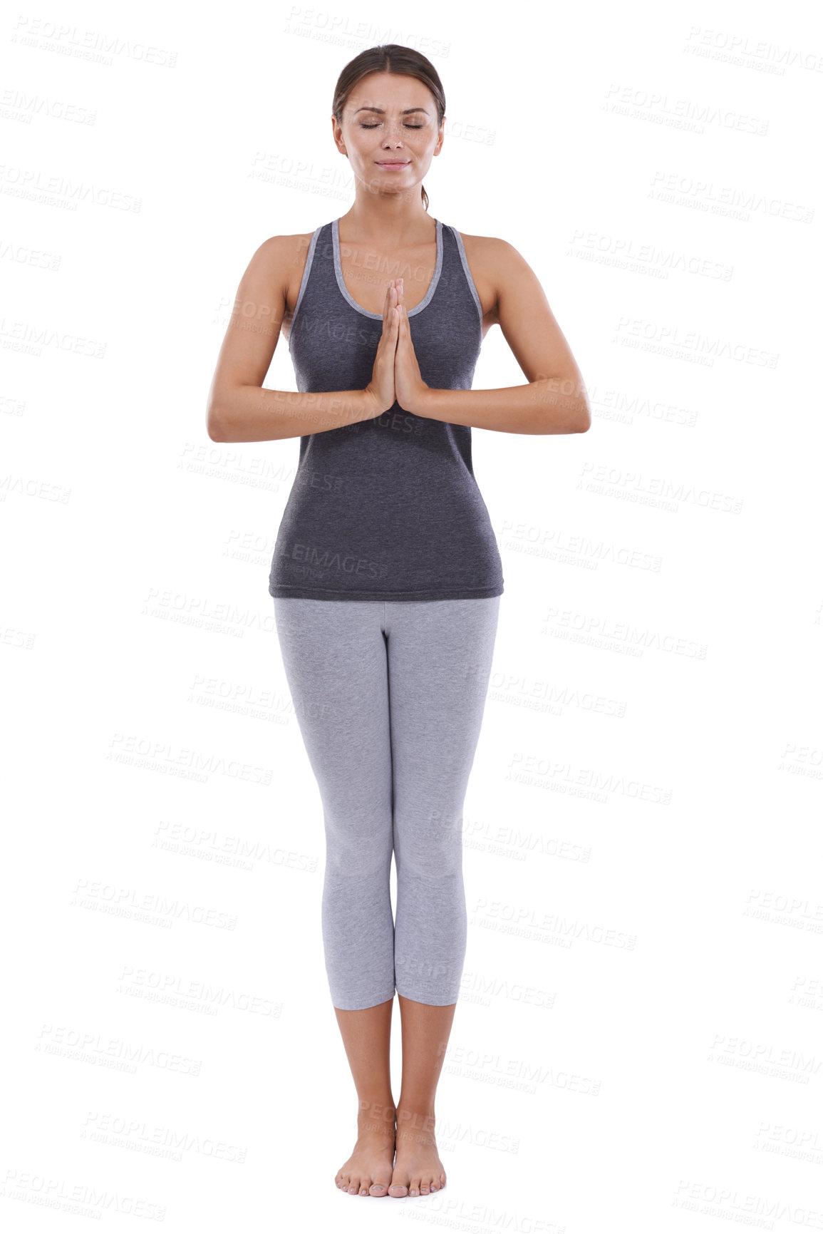 Buy stock photo Namaste, meditation and woman with zen and hands in prayer for practice of yoga in white background. Studio, mock up and calm person breathe in spiritual exercise in mindfulness for wellness or peace