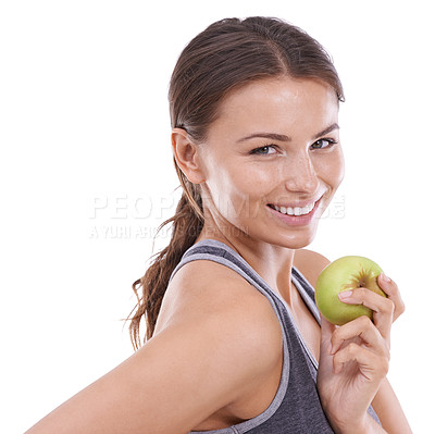 Buy stock photo Studio, model and apple in portrait for wellness, nutrition and healthy food with vitamins for detox. Young woman, happiness or face in mockup for organic fruit, hungry or  fibre by white background