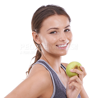 Buy stock photo Studio, model and apple in portrait for nutrition, wellness and healthy food with vitamins for detox. Young woman, happiness and face in mockup for organic fruit, ripe and  fibre by white background