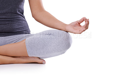 Buy stock photo Woman, hands and meditation for inner peace, zen or spiritual wellness on a white studio background. Closeup of female person or yogi meditating for holistic awareness on floor with mockup space