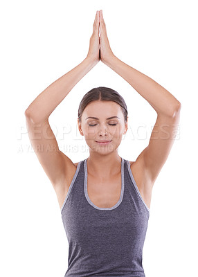 Buy stock photo Happy woman, yoga and meditation for workout, exercise or zen in spiritual wellness on a white studio background. Female person or yogi in namaste, holistic pose or pilates for inner peace on mockup