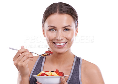 Buy stock photo Studio, woman and fruit in portrait for breakfast, morning and nutrition with vitamins for wellness. Young model, happiness or face in mockup for organic strawberry, bowl or fibre by white background