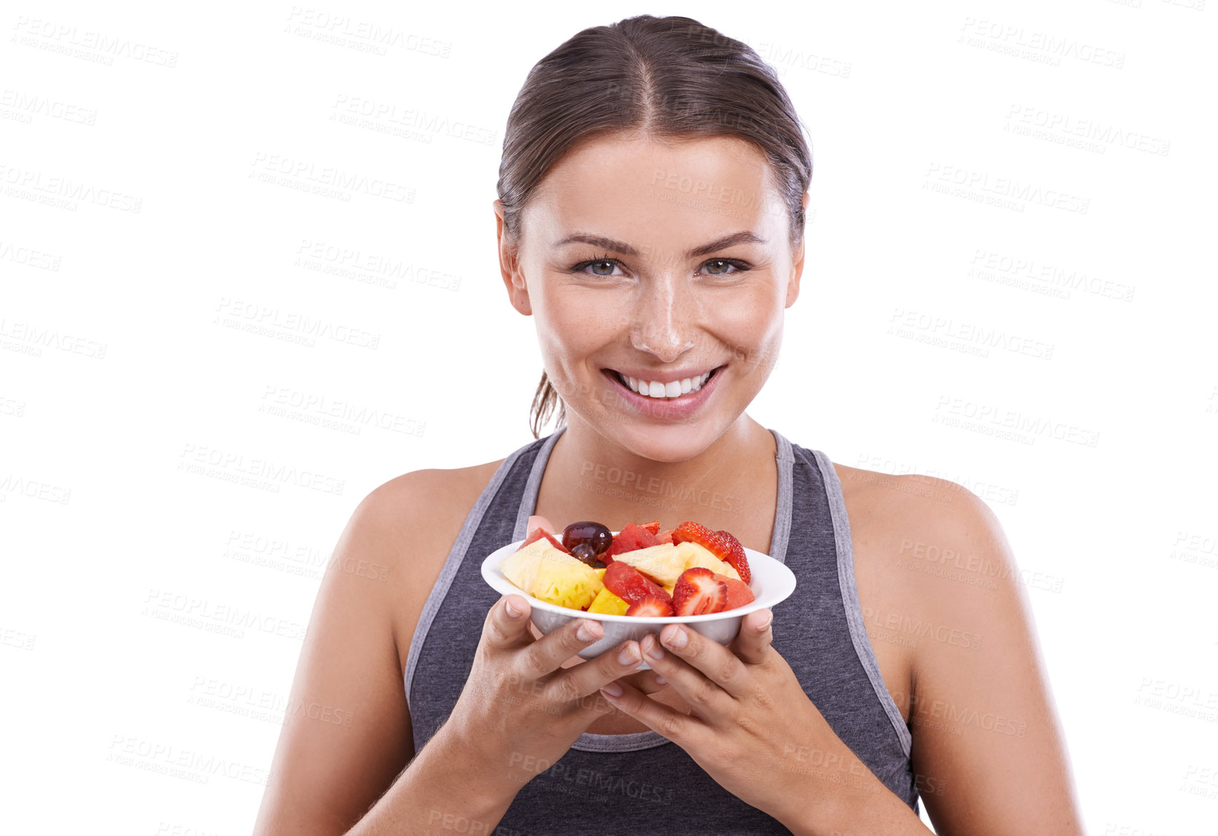 Buy stock photo Studio, model and fruit in portrait with smile, morning and nutrition with vitamins for wellness. Young woman, breakfast or face in mockup by organic strawberry, bowl or fibre by white background