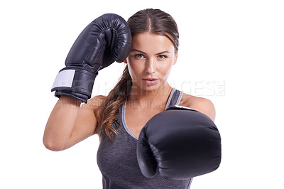 Buy stock photo Fitness, boxing gloves and portrait of woman in studio for exercise or arm muscle training. Sports, health and young female boxer athlete with equipment for intense cardio workout by white background