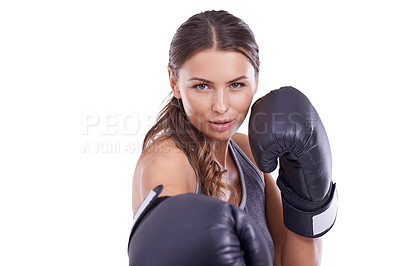 Buy stock photo Sports, boxing gloves and portrait of woman in studio for exercise or arm muscle training. Fitness, health and young female boxer athlete with equipment for intense cardio workout by white background