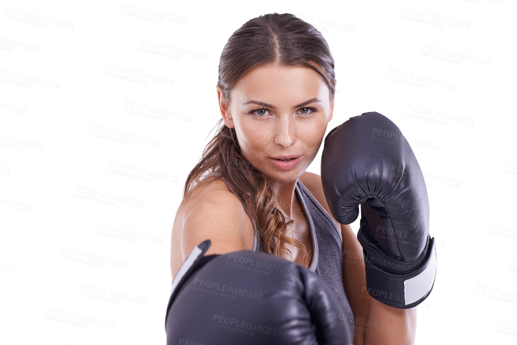 Buy stock photo Sports, boxing gloves and portrait of woman in studio for exercise or arm muscle training. Fitness, health and young female boxer athlete with equipment for intense cardio workout by white background