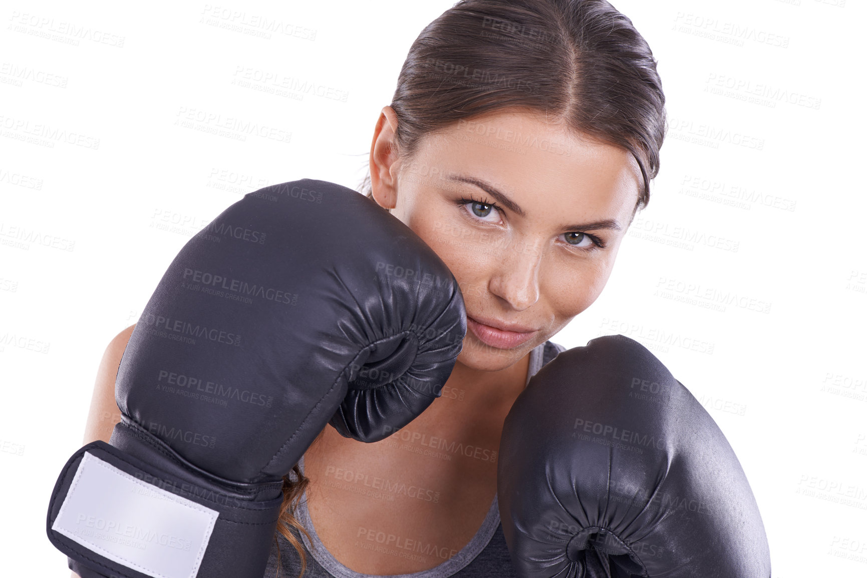 Buy stock photo Fitness, boxing gloves and portrait of woman in studio for exercise or arm muscle training. Sports, health and young female boxer athlete with equipment for intense cardio workout by white background