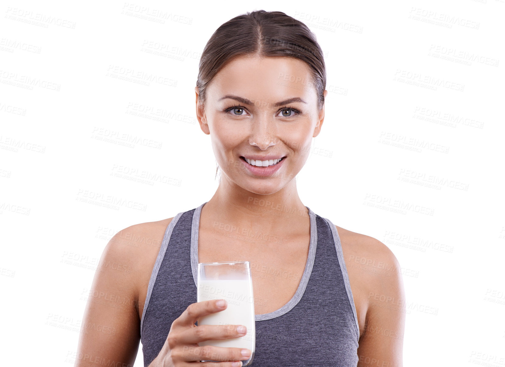 Buy stock photo Portrait, woman and drink milk for nutrition benefits and diet with happiness in white background of studio. Person, smile and enjoy dairy liquid for calcium, energy and vitamin d in healthy food