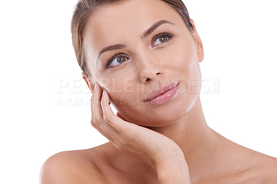 Buy stock photo Woman, hands and wellness with beauty, skincare and cosmetics with hair, confident or face. Skin, female person and glow on white background, studio or model for cosmetology, dermatology or thinking
