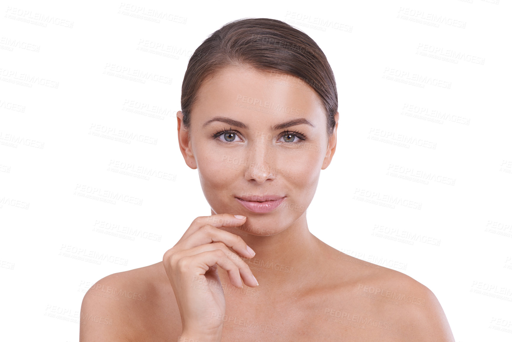 Buy stock photo Woman, hands and portrait with wellness, skincare and cosmetics with beauty, confident and face. Skin, female person and glow with pose, studio and model for cosmetology, dermatology and beautiful
