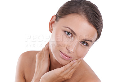 Buy stock photo Woman, makeup and portrait with beauty, skincare and cosmetics with hair, confident or face. Skin, female person or glow on white background studio or model for cosmetology, dermatology or beautiful
