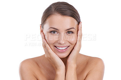 Buy stock photo A beautiful young woman feeling her smooth skin while isolated on a white background