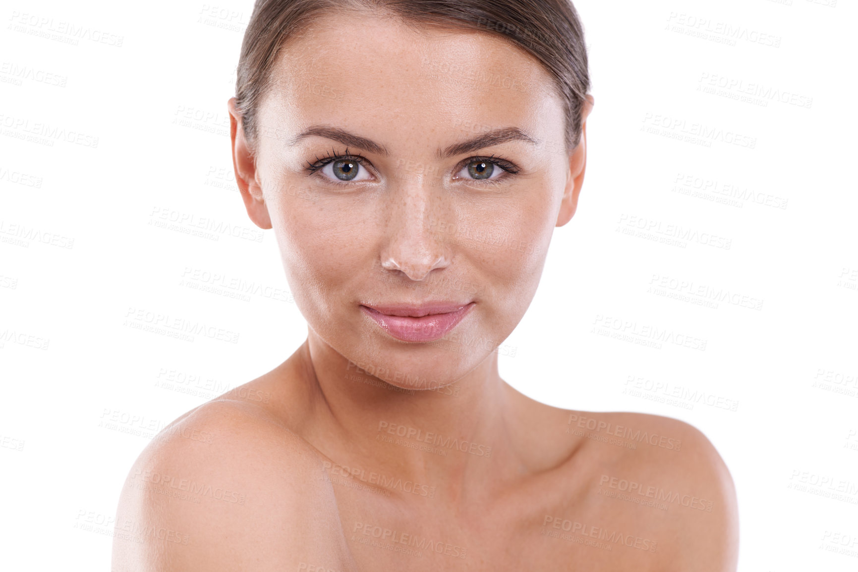 Buy stock photo Woman, makeup and portrait with beauty, skincare and cosmetics with hair, confident and face. Skin, female person and glow with pose, studio and model for cosmetology, dermatology and beautiful

