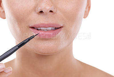 Buy stock photo Woman, lipstick brush and mouth with beauty, skincare and cosmetics with closeup, makeup and female person. Skin, foundation and glow on white background, model and cosmetology for dermatology