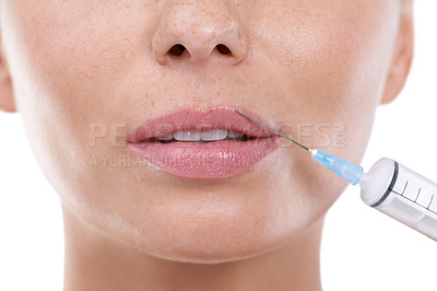 Buy stock photo Plastic surgery, lip filler and woman closeup with syringe for beauty, cosmetic process and augmentation. Medical, aesthetic and injection in face with hyaluronic acid treatment or mouth of client