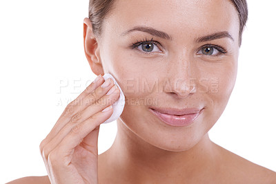 Buy stock photo Woman, cleansing and portrait with cotton pad, skincare and makeup remover with close up, toner and female person. Skin, application and glowing face on white background, model and dermatology