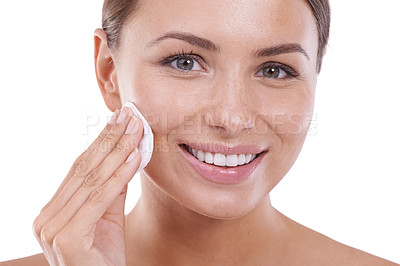 Buy stock photo Woman, makeup remover and portrait with cotton pad, skincare and cleansing with close up, toner and female person. Skin, application and glowing face on white background, model and dermatology