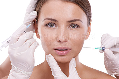 Buy stock photo Botox, plastic surgery and portrait of woman with syringe needle in skin for beauty and cosmetics. Medical, injection and hands on face for skincare, treatment and enhance with hyaluronic acid