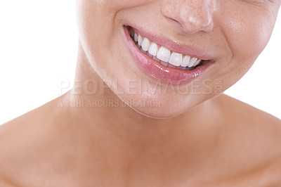 Buy stock photo Happy woman, mouth and teeth for dental, hygiene or cosmetics on a white studio background. Closeup of female person smile at dentist for tooth whitening, beauty or oral and gum care with lip gloss