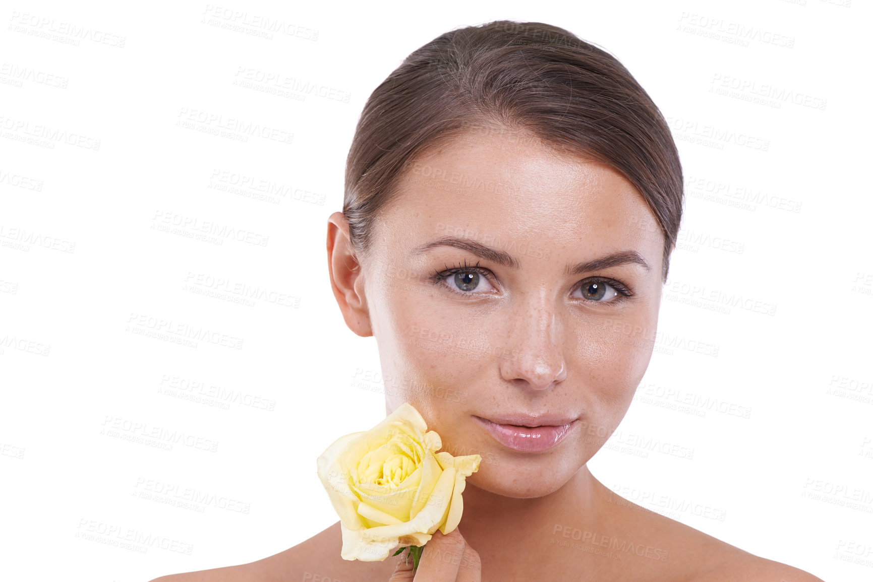 Buy stock photo Beauty, portrait and woman with rose in studio for eco dermatology, natural aesthetics or floral skincare on white background. Face, model and flowers for shine, wellness cosmetics and sustainability