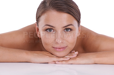 Buy stock photo Skincare, beauty and portrait of woman to relax with calm happiness in white background. Wellness, treatment and person lying down in spa for luxury facial, cosmetics and healthy skin in studio