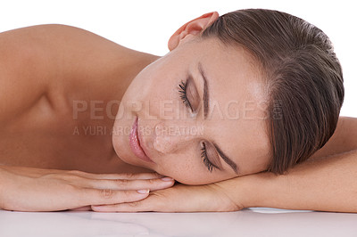 Buy stock photo Massage, table and woman in spa to relax with peace in physical therapy and skincare. Wellness, treatment and person lying down in salon for luxury physiotherapy for holistic healing and happiness