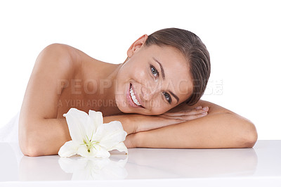 Buy stock photo Cropped shot of a beautiful young woman isolated on white