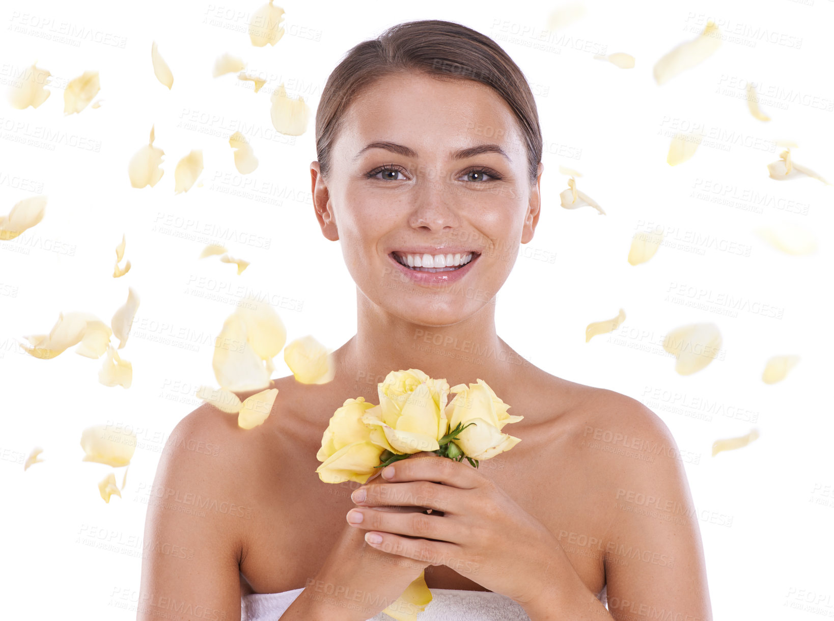 Buy stock photo Woman, flowers and portrait with beauty, skincare and cosmetics with close up, petals and female person. Happy, wellness and glowing face with white studio background, model and cosmetic dermatology