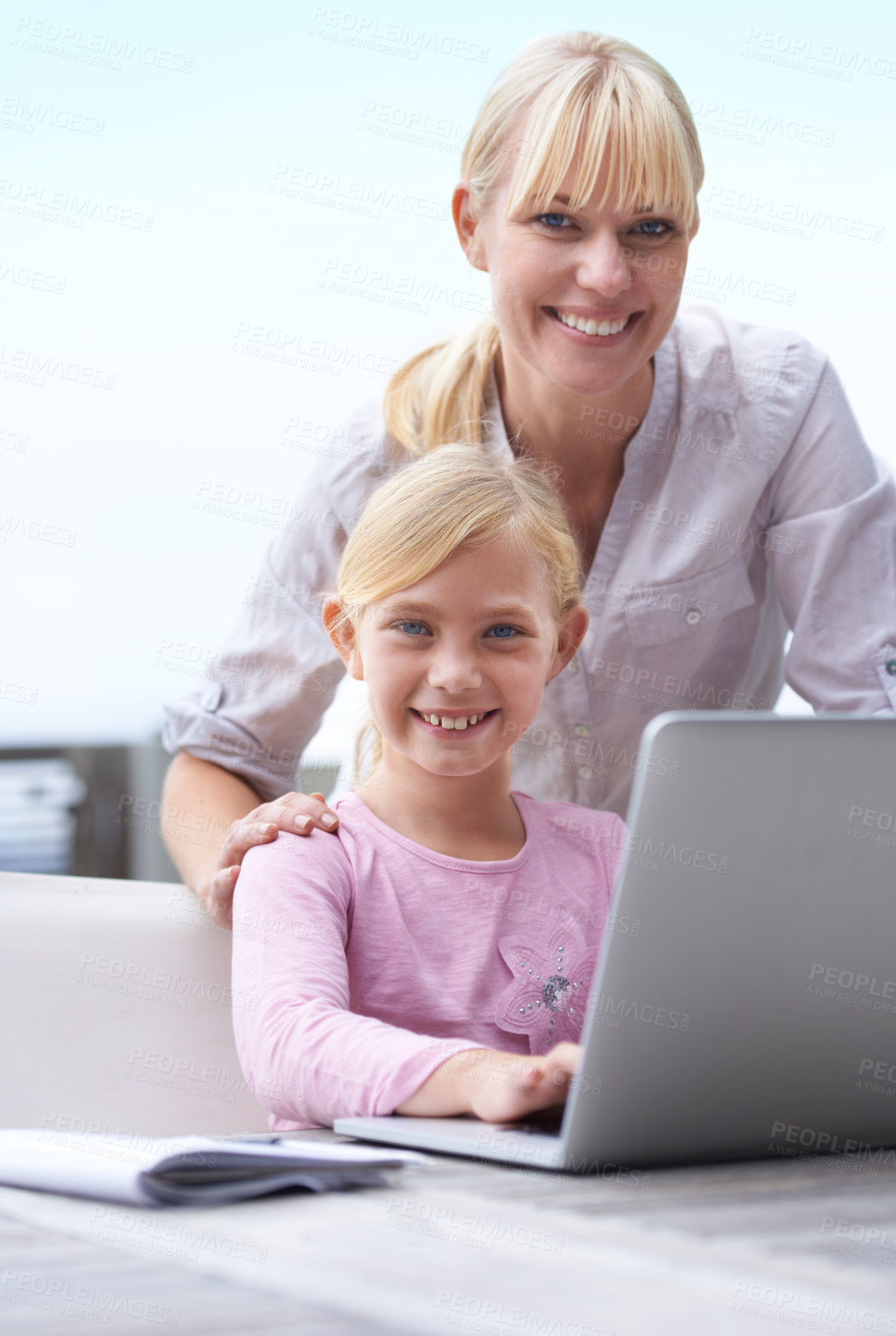 Buy stock photo Laptop, research and portrait of mother with child helping for online school homework at house. Smile, technology and happy young mom with girl kid student on computer for elearning together.