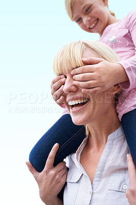 Buy stock photo Piggy back, mother and daughter outside for bonding, happiness and care with playing on blue sky. Smile, love and outdoor fun, mom and kid together with trust, support and playful on mothers day.