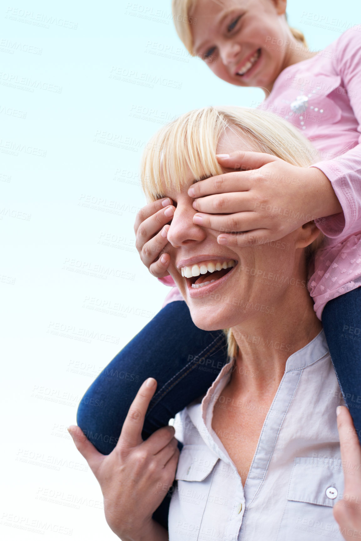 Buy stock photo Piggy back, mother and daughter outside for bonding, happiness and care with playing on blue sky. Smile, love and outdoor fun, mom and kid together with trust, support and playful on mothers day.