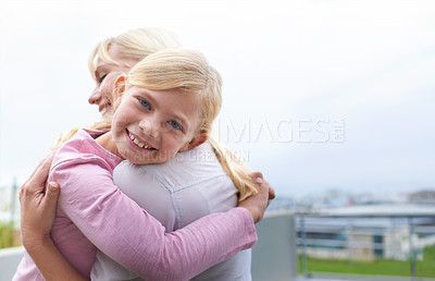 Buy stock photo Portrait, hug and mother with daughter outside for bonding, happiness and care for children. Smile, love and outdoor embrace, mom and kid together with trust, support and gratitude on mothers day.