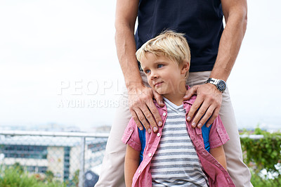 Buy stock photo Back to school, closeup and dad care for child with backpack in morning with support at academy campus. Father, love and pride for kid to start learning in education for development and growth