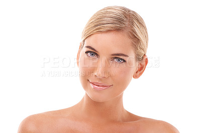 Buy stock photo Skin glow, face beauty and portrait of a woman relax about dermatology and natural skincare. White background, wellness and cosmetics of a model peaceful about facial and face skin care in studio