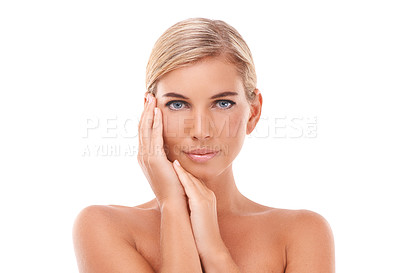 Buy stock photo Skincare, beauty and portrait of woman feeling calm about dermatology and natural skin glow. White background, hands and wellness of a model peaceful about facial care and face skin care in studio