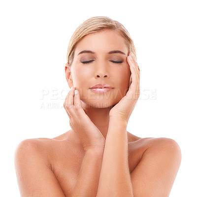 Buy stock photo Skincare, makeup and woman in studio for wellness, grooming and hygiene on white background. Skin, beauty and girl model relax after skin treatment, cosmetics and dermatology care, calm and soft