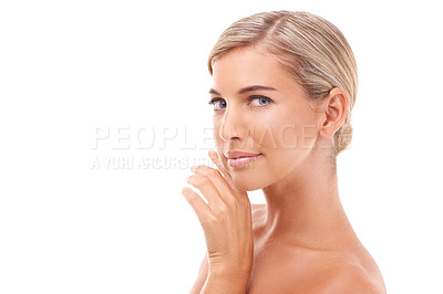 Buy stock photo Dermatology, calm beauty and portrait of woman relax about skincare and spa skin glow. White background, hand and wellness mockup of a model peaceful about facial care and face skin care in studio