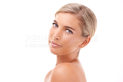 Buy stock photo Makeup, beauty and face portrait of a woman isolated on a white background for skincare, cosmetics and dermatology. Young model in studio for glow on facial skin, spa treatment and body wellness