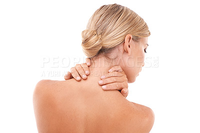 Buy stock photo Blond woman, back and hands in skincare, beauty and touching neck against a white studio background. Isolated young female with blond hair relaxing in self love or self care on white background