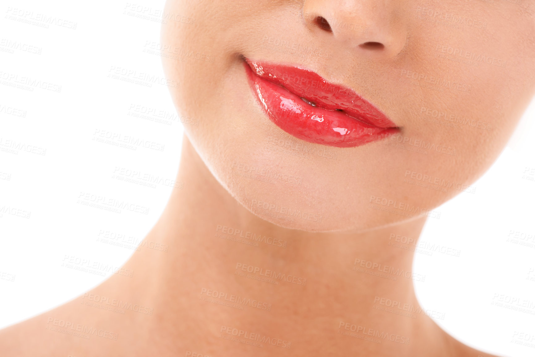 Buy stock photo Face, lips and lipstick with woman and beauty zoom, makeup and cosmetic care with red isolated on white background. Cosmetics product, dermatology and glow with smile, skin and wellness with mouth