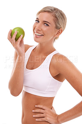 Buy stock photo Apple, health nutrition or portrait of woman with fruit product to lose weight, diet or body detox for wellness lifestyle. Healthcare model, nutritionist food or vegan girl on white background studio