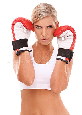 Buy stock photo Portrait, boxer or woman in fitness training, workout or exercise in studio with motivation, pride or focus. Face, mindset or healthy girl sports athlete in fighting or boxing gloves for self defense
