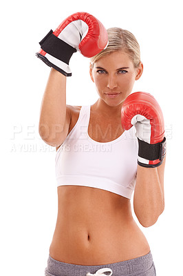 Buy stock photo Sports, fitness and portrait of woman with boxing gloves, confidence and motivation to box, isolated on white background. Boxing, exercise and empowerment, female boxer ready for challenge in studio.