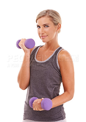 Buy stock photo Woman, dumbbells and studio portrait for wellness, muscle development and health by white background. Weightlifting model, vision and isolated for training, workout and exercise for strong body goals