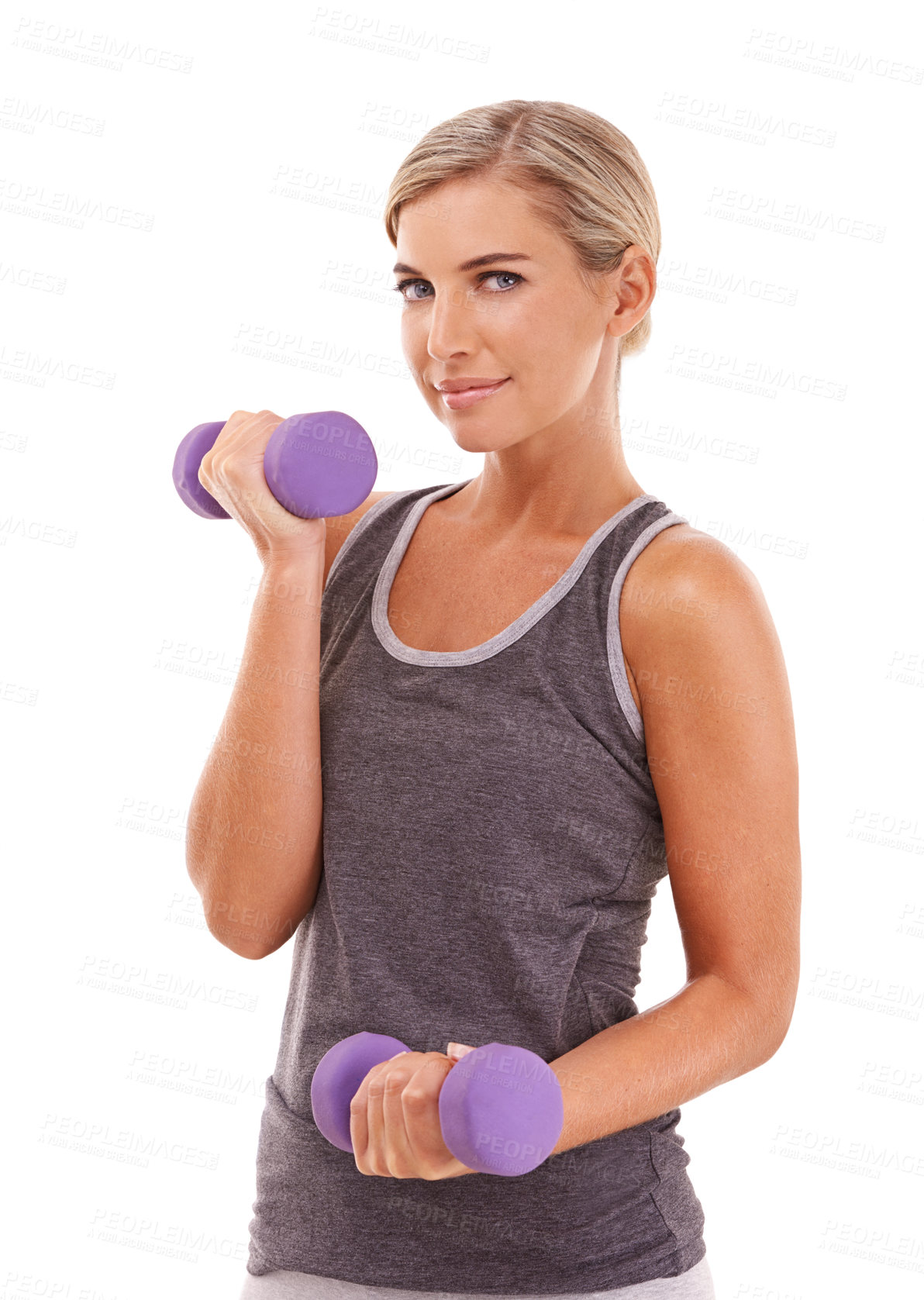 Buy stock photo Woman, dumbbells and studio portrait for wellness, muscle development and health by white background. Weightlifting model, vision and isolated for training, workout and exercise for strong body goals