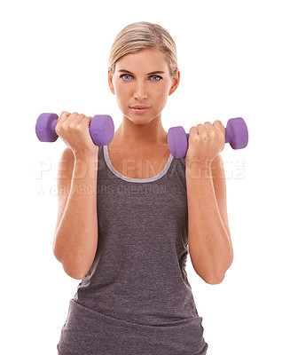 Buy stock photo Woman, studio portrait and dumbbells for fitness, muscle development and health by white background. Weightlifting model, focus face and isolated for training, workout and exercise with body goals