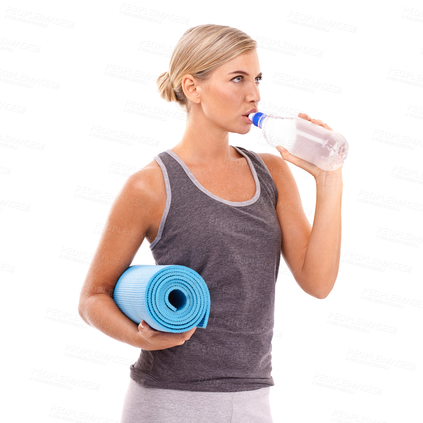 Buy stock photo Yoga, exercise mat and woman drinking water for body care hydration, fitness lifestyle or pilates studio workout. Healthcare wellness, training and health girl with liquid bottle on white background