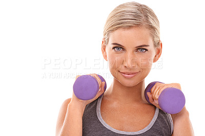 Buy stock photo Studio portrait, dumbbells and woman at training, muscle development and wellness by white background. Weightlifting model, smile on face and isolated for fitness, workout or exercise with body goals